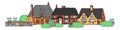 Old english village scene. Color vector sketch hand drawn illustration. Cartoon outline houses facades, fence and plants